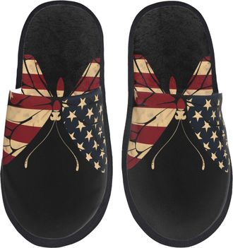 Generic Camping Slippers Patriotic Usa Butterfly Art Soft House Shoes Anti-Slip Sole Fuzzy Slippers Bedroom Indoor Slipper For Autumn Winter M