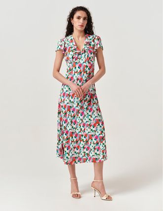 Ghost London Kimmy Floral Frill Neck Crepe Midi Dress in Pink Tulip at Nordstrom, Size 16