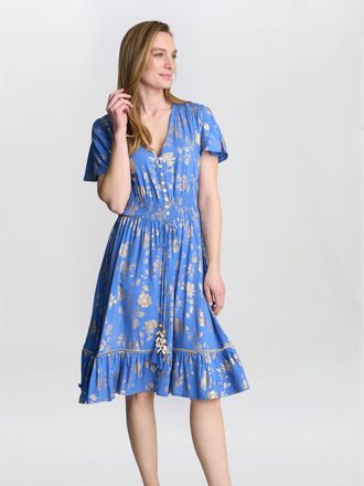 Gina Bacconi Womens Etna Gold Print Summer Dress - Blue - Size Medium