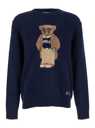 Polo Ralph Lauren Blue Sweater With Logo Embroidery On The Front And Logo Lettering On The Front In Cotton And Linen Blend Man