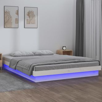 vidaXL Estructura De Cama Doble Led Sin Colch&oacute;n Madera Maciza Blanco Vidaxl