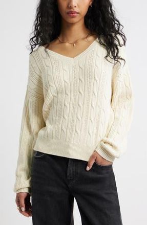 BP. Bow Back Cable Knit Sweater in Ivory- Black Satin Bow at Nordstrom Rack, Size Large
