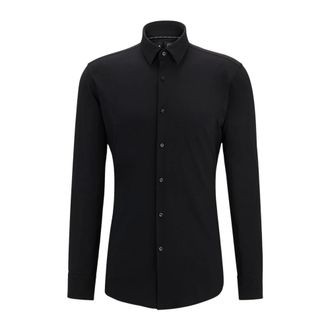 HUGO BOSS Overhemden, Heren, Zwart, L, Katoen, Zwarte Slim Fit Stretch Katoenen Overhemd