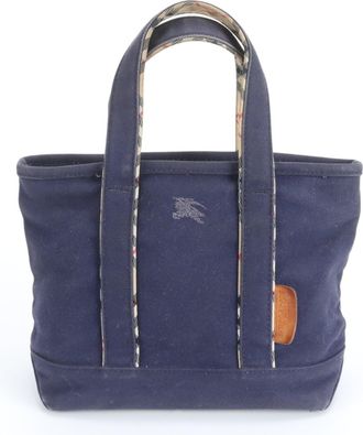 Burberry Navy Leather Canvas Handbag Tote Bag (Pre-Owned)