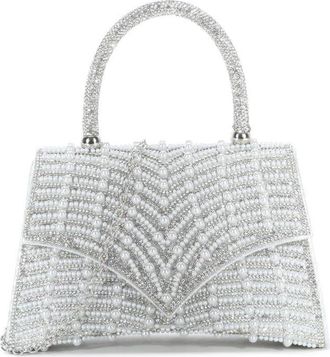 Girly HandBags Womens Beaded Top Handle Evening Bag - Geometric Pattern Hard Case Purse with Chain Strap for Weddings, Parties, and Formal Events Medium White