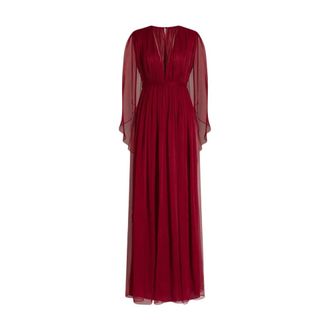 Alberta Ferretti Long chiffon dress with V-neckline and cape - female - Alberta Ferretti - Gowns - Red - 2XL - Dresses