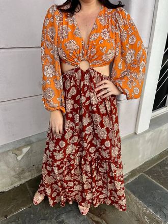 Flying Tomato Allison Printed Woven Maxi Dress In Rust/cognac