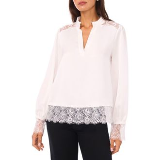 Vince Camuto Ruffle & Lace Trim Hammered Satin Top in New Ivory at Nordstrom, Size Large