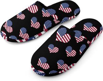Generic Love Heart U.S. Flag Mens Cotton Slippers Memory Foam Comfort House Shoes Winter Indoor Slipper for Hotel Casa Spa