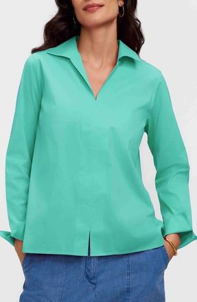 Foxcroft Agnes Cotton Blend Popover Top in Biscay Green at Nordstrom, Size X-Large P