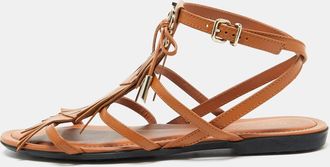 Tod's Tods Tan Leather Fringe Logo Bow Flat Sandals