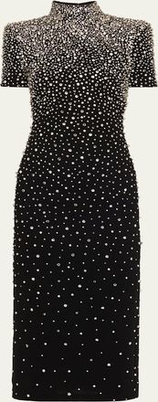 Naeem Khan Mock-Neck Crystal Velvet Short-Sleeve Midi Dress