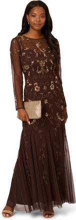 Adrianna Papell Womens Studio Bead Long Sleeve Dress - Brown - Size 8 UK