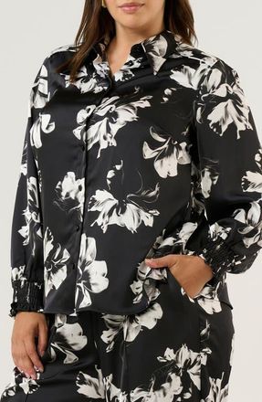 Estelle Gilda Floral Button-Up Shirt in Black/Milk at Nordstrom, Size 20W