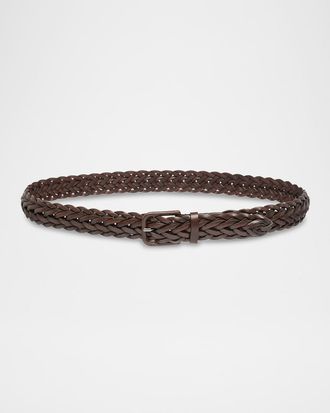 Giorgio Armani Mens Covered-Buckle Braided Leather Belt