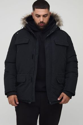 Boohooman Mens Plus Faux Fur Hooded Arctic Parka Jacket in Black - Size 2XL