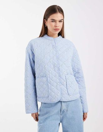 Pieces Giacca trapuntata blu a fiori