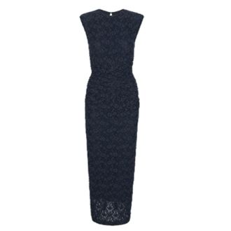 Rotate ROTATE Birger Christensen, Midi Dresses, female, Blue, Size: XL Blue Floral Lace Dress with Round Neck