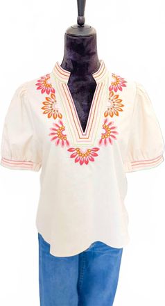 THML Clothing Womens Puff Sleeve Floral Embroidery Top In White