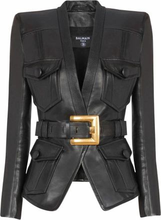 Balmain Jas met &eacute;&eacute;n knoop en riem - Dames - Leren en Su&egrave;de Jassen - Zwart - XS - Leer - Jassen