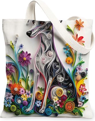 Generic Paper Quilling Greyhound Dog Canvas Tote Bag for Shopping 13x15, Fun Wildflower Puppy Reusable Grocery Print Pattern Bag for Women, Pet Beach Aestheti