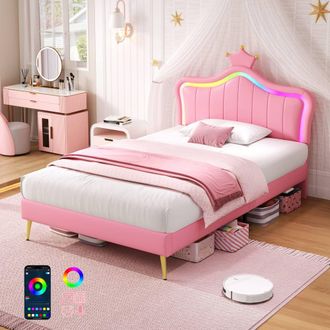 Matteo Pink Single Upholstered Bed Frame - LED Crown Headboard, PU Leather