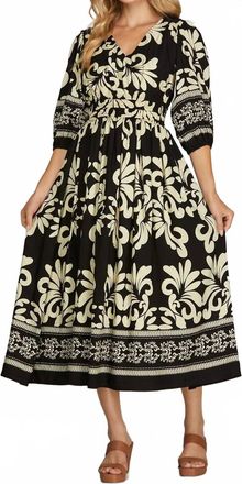 She + Sky 3/4 Sleeve V-Neck Woven Midi Dress With Side Pocket In Black