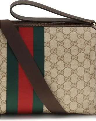 Gucci Mens Shoulder Bag Gg Coated Canvas Web Stripe Beige Fabric