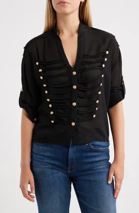 Nikki Lund Jameson Button Embellished Semisheer Top in Black at Nordstrom, Size X-Small
