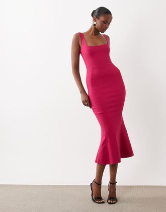 Vesper Vestito midi rosa in bengalina senza maniche con scollo squadrato e fondo a sirena