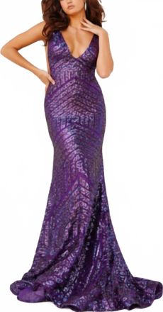 Jovani Low V Neck Sequin Sheath Dress In Iridescent Purple