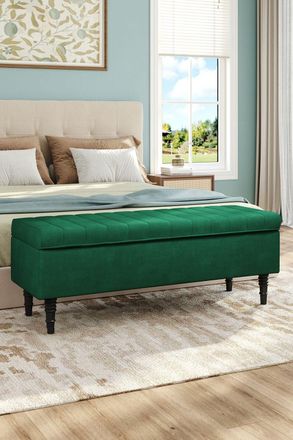 H&O Direct Velvet Storage Ottoman Bench in Dark Green