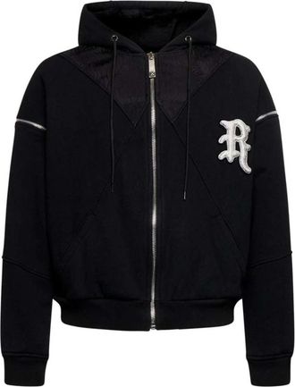 John Richmond Sweatshirt met capuchon- rits en contrasterend geborduurd logo - Heren - Vesten met rits - Zwart - S - Katoen - Hoodies & sweatvesten