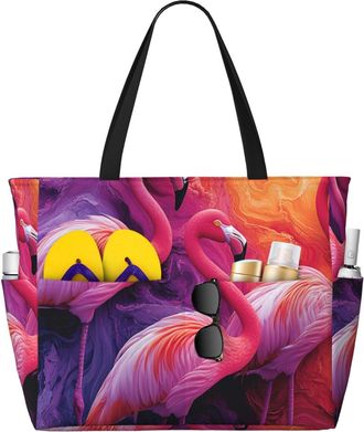 Generic Pink Flamingo Print Large Beach Bag Foldable Travel Shoulder Tote Bag With Pocket For Weekender Pool Vacation