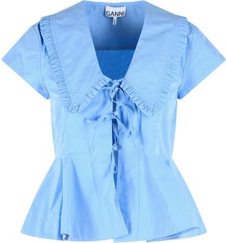 Ganni lichtblauwe katoenen popeline blouse