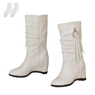 Generic Womens Wedge Heel Boots, Fashionable Round Toe Mid-Calf Slouch Boots with Ring Decoration And Non-Slip Sole, Slip-On Comfortable Autumn Winter Ankle B