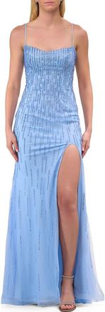 La Femme Long Jeweled Pastel Prom Gown with Lace Up Back in Cloud Blue at Nordstrom, Size 14