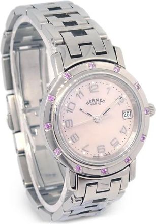 Hermès 1990-2000s Clipper 26mm - women - stainless steel/Shell/Pink Sapphire - One Size