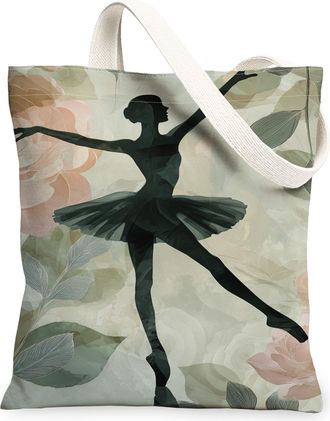 Generic Ballet Floral Canvas Tote Bags, Artistic Flower Pattern Reusable Grocery Bags, Spring Vintage Lightweight Washable Shoulder, Green, 13x15 Inch