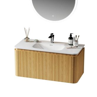 Saniclass Terra Wastafelonderkast - 100cm - 2 lades - solid surface wastafel - 1 wasbak - 1 kraangat - afgeronde hoeken - sandwood (Licht eiken)