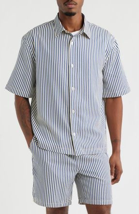 Open Edit Stripe Short Sleeve Seersucker Button-Up Shirt in Blue Header Stripe at Nordstrom, Size X-Small