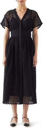 L.k. Bennett Vivienne Broderie Anglaise Midi Dress in Black at Nordstrom Rack, Size 10 Us / 14 Uk