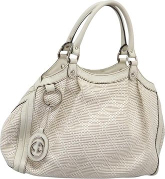 Gucci Sukey Tote Diamante Woven Raffia Silver Wood Handbag (Pre-Owned)