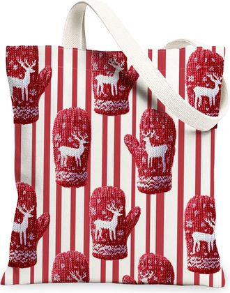 Generic Holiday Canvas Tote Bags, Festive Mittens Pattern Reusable Grocery Bags, Cozy Winter Style Lightweight Washable Shoulder for Shopping Travel 13x15 Inc