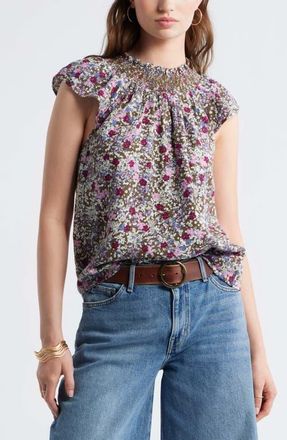 Treasure & Bond Smocked Neck Linen Blend Top in Olive Este Ditsy at Nordstrom, Size Xx-Small