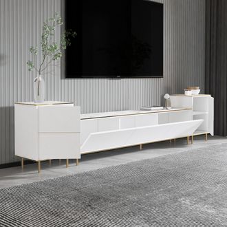 Dmora Mueble Para Tv Cortin, 2 Estantes, 5 Puertas, Con Acabados Dorados, 260x35x45h Cm Blanco