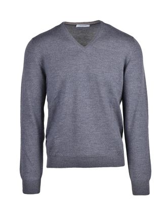 Gran Sasso V-Neck Sweater in 100% Virgin Wool with Ribbed Details