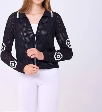 French Kyss Flower Collared Tie Cardigan In Black/white