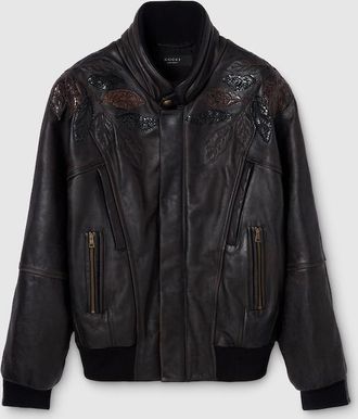 Gucci Leather With Aged Effect Bomber Jacket, Brown