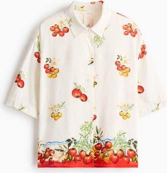 H&M Oversized Linen-blend Shirt in Cream/tomatoes at Nordstrom, Size Medium